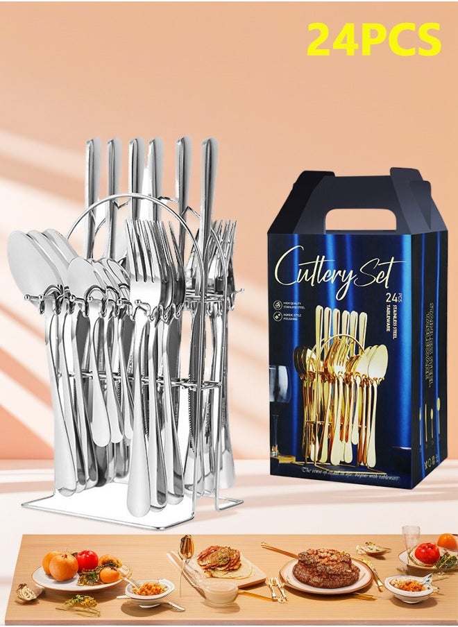 24-Piece Stainless Steel Cutlery Set silvery  Set with Storage Holder withComes with gift box