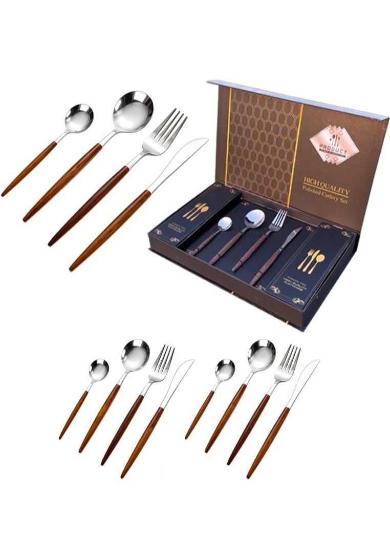 Luxury Silver Cutlery Set with Wooden Handles – 12-Piece Stainless Steel Flatware (3 Complete Place Settings: Knife, Fork, Spoon, Teaspoon) for Elegant Dining & Special Occasions