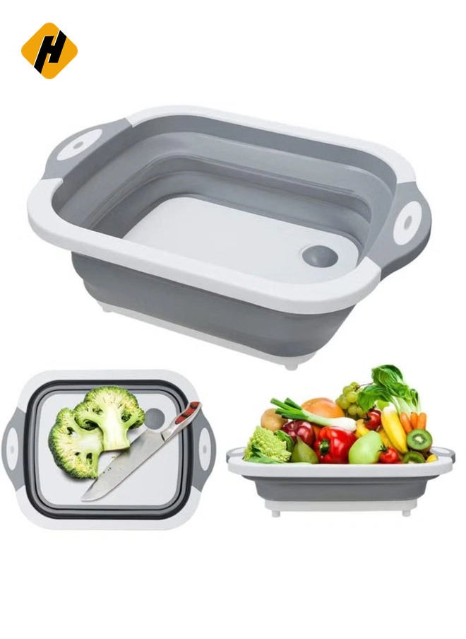 Foldable Multifunction Chopping Board, Collapsible Dish Tub Basin Cutting Board Colander, Vegetable Fruit Wash And Drain Sink Storage Basket, Space Saving For Kitchen Home (Grey)