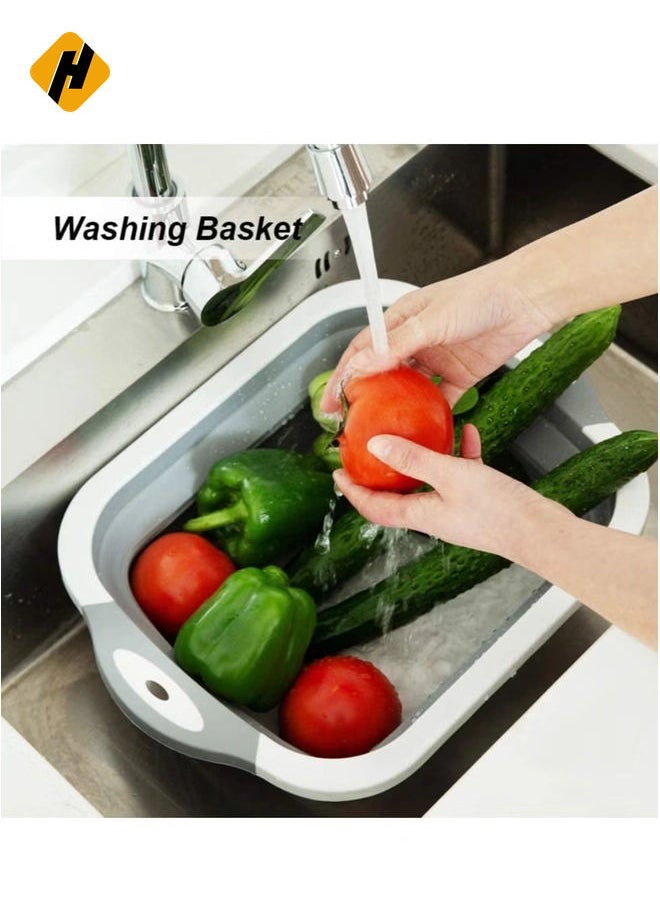 Foldable Multifunction Chopping Board, Collapsible Dish Tub Basin Cutting Board Colander, Vegetable Fruit Wash And Drain Sink Storage Basket, Space Saving For Kitchen Home (Grey)