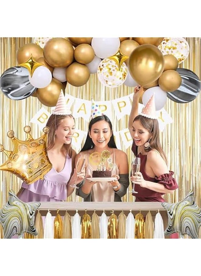 88Pcs Gold Party Decorations Set with Birthday Banner, Gold White Confetti Balloons, Gold Foil Birthday Background, Tassel Garland, Cake Toppers for Girls Women Men Kids (Gold Party Decorations)