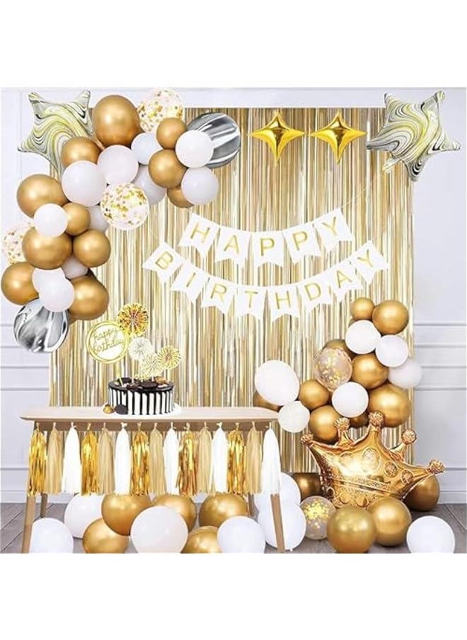 88Pcs Gold Party Decorations Set with Birthday Banner, Gold White Confetti Balloons, Gold Foil Birthday Background, Tassel Garland, Cake Toppers for Girls Women Men Kids (Gold Party Decorations)