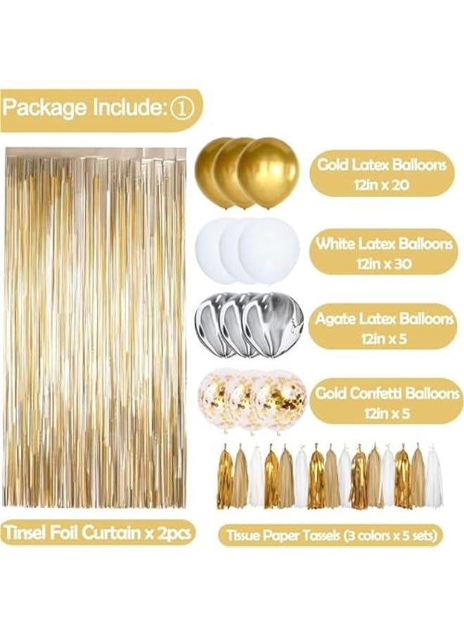 88Pcs Gold Party Decorations Set with Birthday Banner, Gold White Confetti Balloons, Gold Foil Birthday Background, Tassel Garland, Cake Toppers for Girls Women Men Kids (Gold Party Decorations)