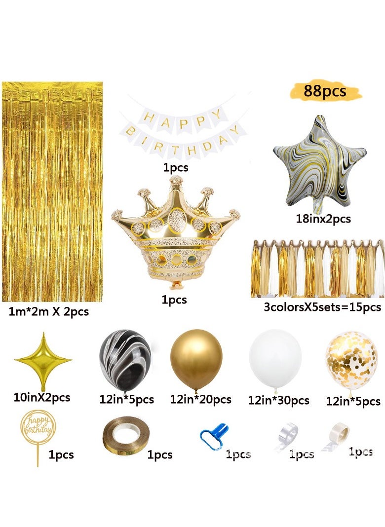 88Pcs Gold Party Decorations Set with Birthday Banner, Gold White Confetti Balloons, Gold Foil Birthday Background, Tassel Garland, Cake Toppers for Girls Women Men Kids (Gold Party Decorations)