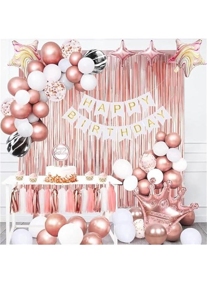 Gold Party Decorations Set with Birthday Banner, Gold White Confetti Balloons, Gold Foil Birthday Background, Tassel Garland, Cake Toppers for Girls Women Men Kids (Rosegold Party Decorations)