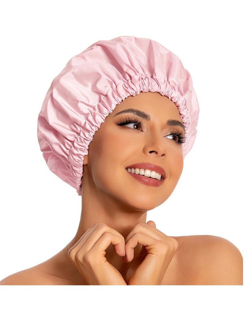 Reusable Shower Cap for Women, Large Waterproof Shower Bonnet Washable Elastic Band Bath Hair Hat for Long Hair, Braids(Pink)