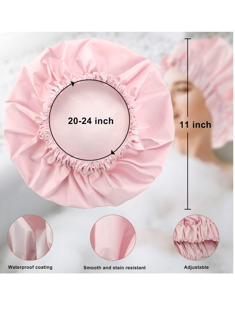 Reusable Shower Cap for Women, Large Waterproof Shower Bonnet Washable Elastic Band Bath Hair Hat for Long Hair, Braids(Pink)