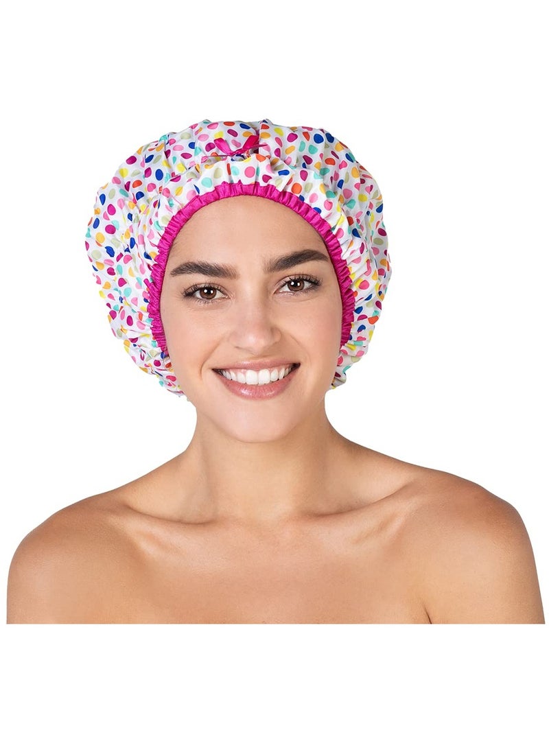 Reusable Shower Cap & Bath Cap & Lined, Oversized Waterproof Shower Caps Large Designed for all Hair Lengths with PEVA Lining & Elastic Band Stretch Hem Hair Hat - Fashionista Deco Dots