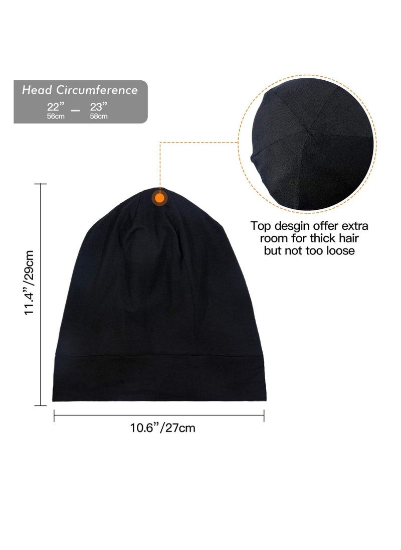 Silky Satin Lined Bonnet Sleep Cap - Adjustable Stay on All Night Hair Wrap Cover Slouchy Beanie for Curly Protection Women and Men Solid Black