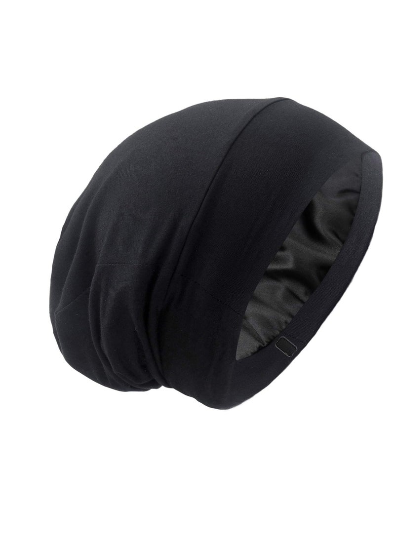 Silky Satin Lined Bonnet Sleep Cap - Adjustable Stay on All Night Hair Wrap Cover Slouchy Beanie for Curly Protection Women and Men Solid Black