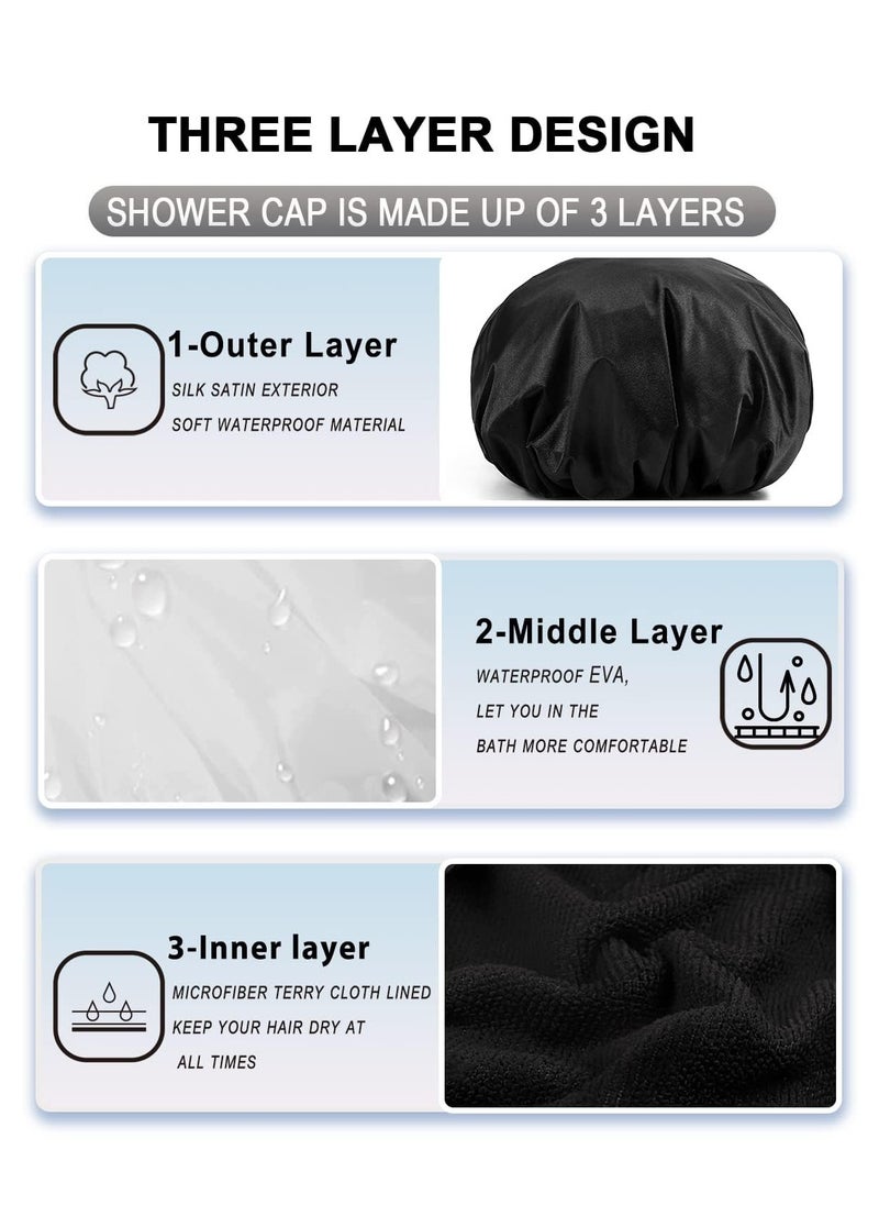 YIZIJIZI Terry Lined Shower Cap,Triple Layer Large Cap for Women,Shower Cap Reusable Waterproof,Long Thick Hair(Black)
