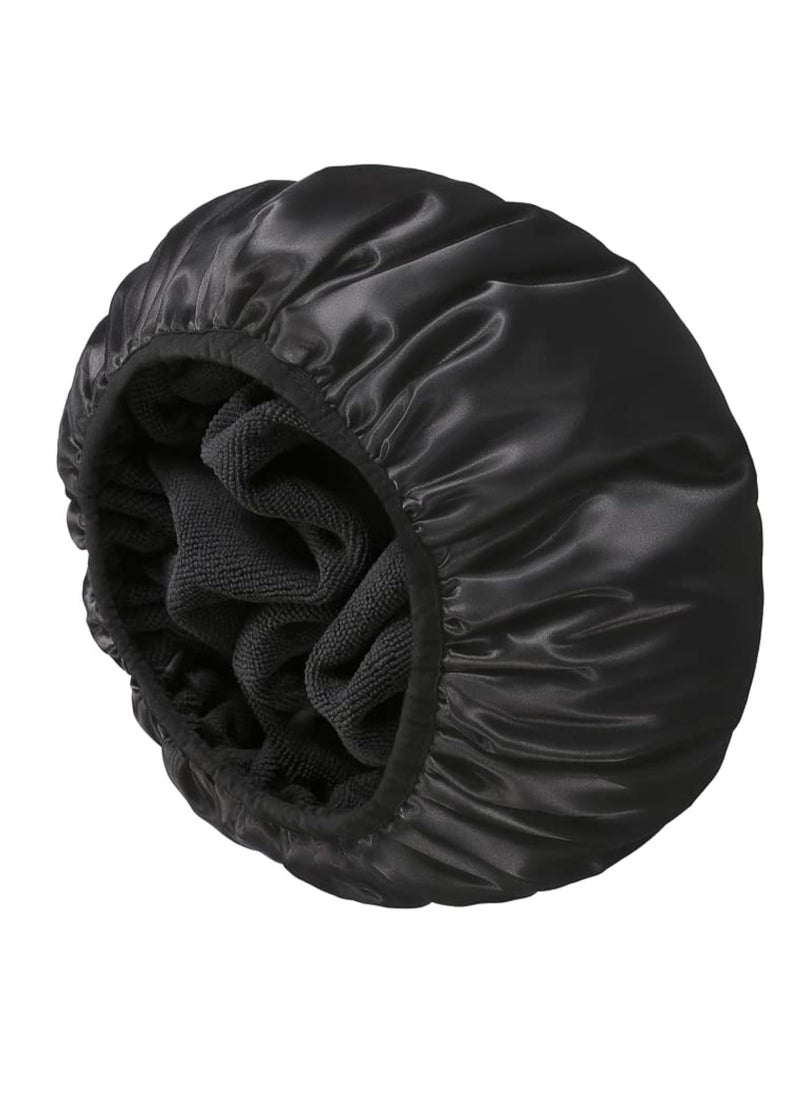 YIZIJIZI Terry Lined Shower Cap,Triple Layer Large Cap for Women,Shower Cap Reusable Waterproof,Long Thick Hair(Black)