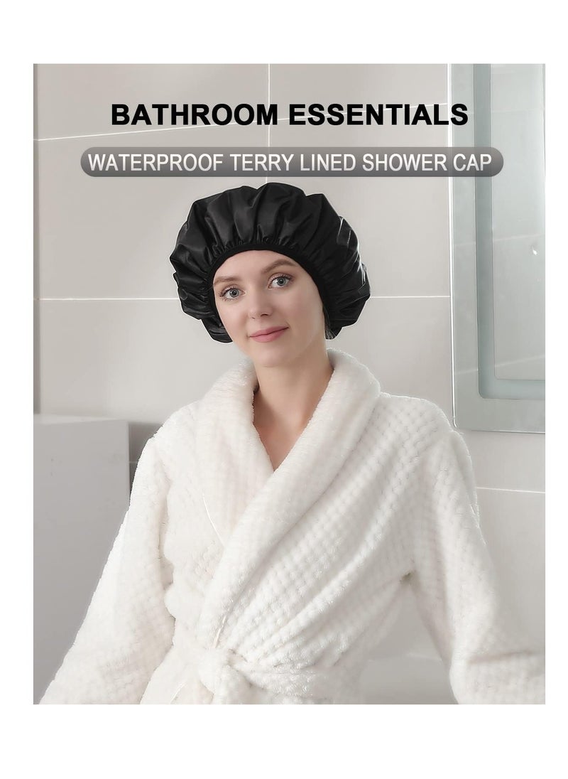 YIZIJIZI Terry Lined Shower Cap,Triple Layer Large Cap for Women,Shower Cap Reusable Waterproof,Long Thick Hair(Black)