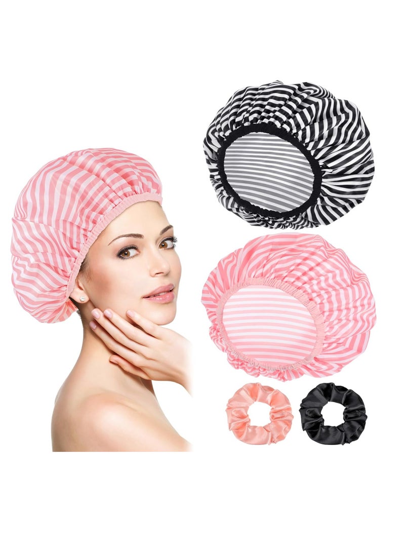 2 Packs Large Shower Cap, Waterproof Reusable Shower Cap Double Layers Bath Caps with Hair Scrunchies for Long Thick Hair