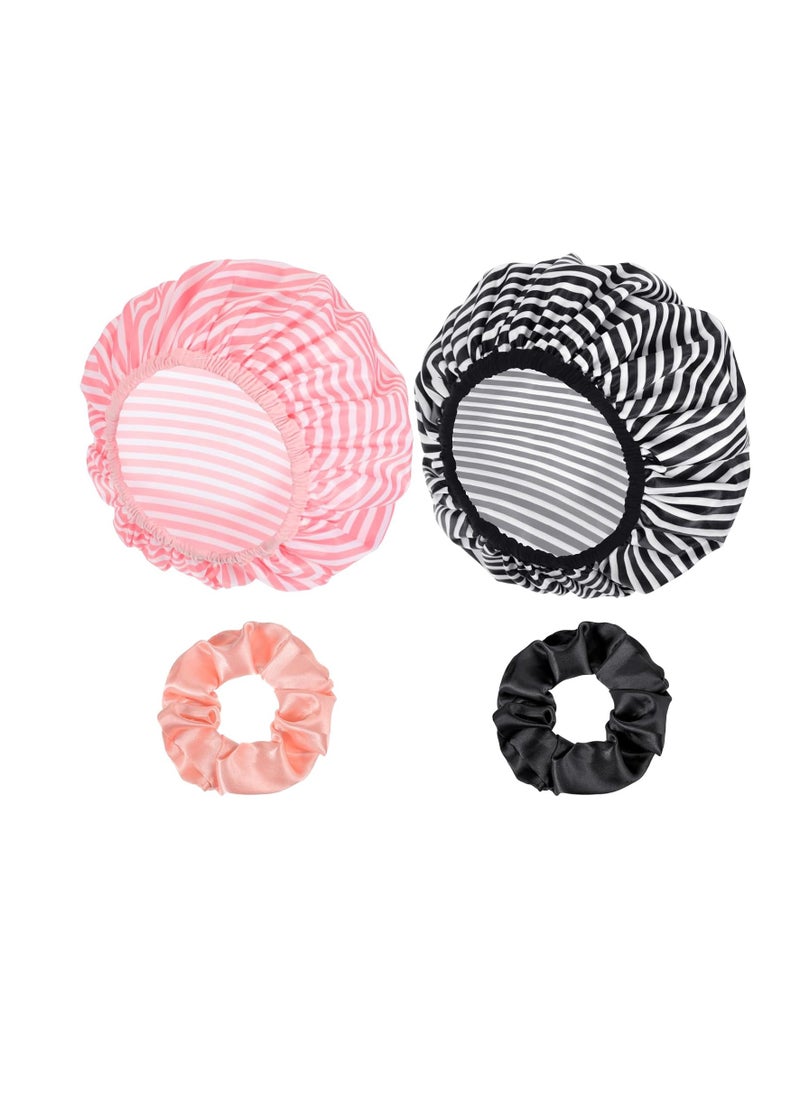 2 Packs Large Shower Cap, Waterproof Reusable Shower Cap Double Layers Bath Caps with Hair Scrunchies for Long Thick Hair