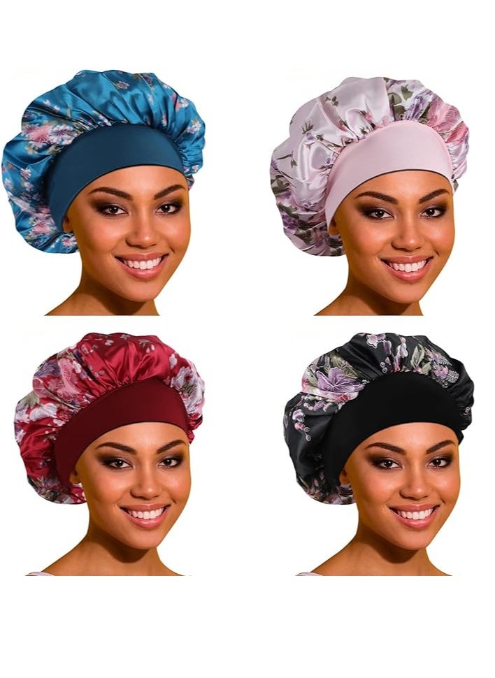 Satin Bonnet Hair Bonnet for Sleeping- 4 Pack Large Silk Bonnets for Black Women with Elastic Soft Band for Hair Care