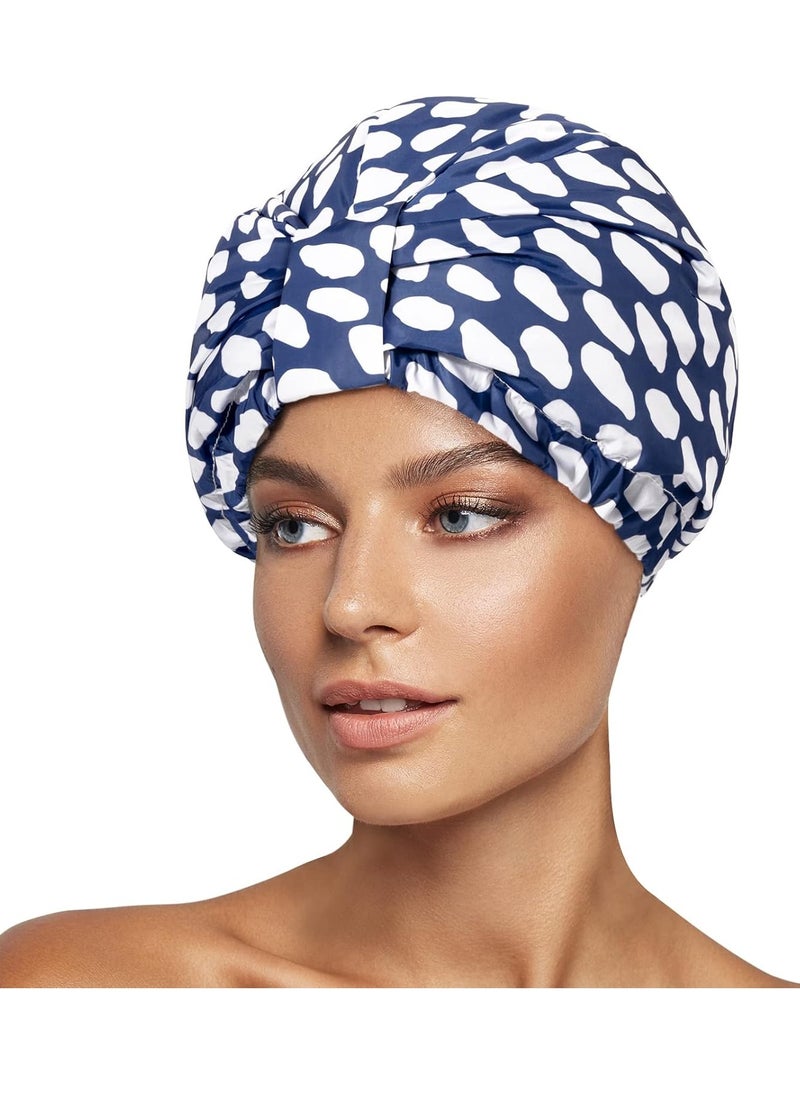 INNELO Luxury Shower Cap for Women Reusable Waterproof, Double Layered Shower Hair Cap with Adjustable Elastic Strap, Large Satin Lined Shower Bath Cap for Long Curly Straight Hair, Blue