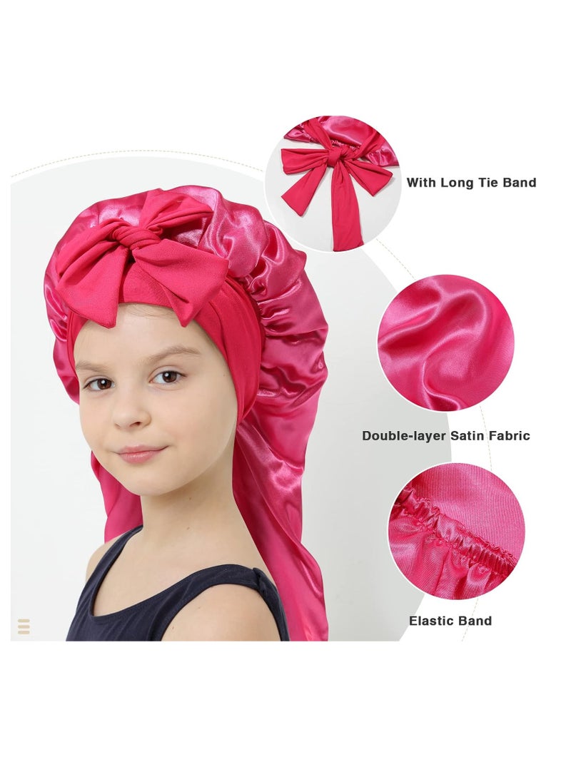 Kids Long Hair Bonnet for Sleeping - Double Layer Girls Elastic Satin Bonnet with Tie Band for Braid Curly Hair (Hot pink)