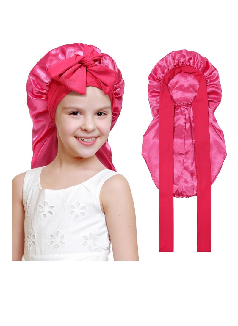 Kids Long Hair Bonnet for Sleeping - Double Layer Girls Elastic Satin Bonnet with Tie Band for Braid Curly Hair (Hot pink)