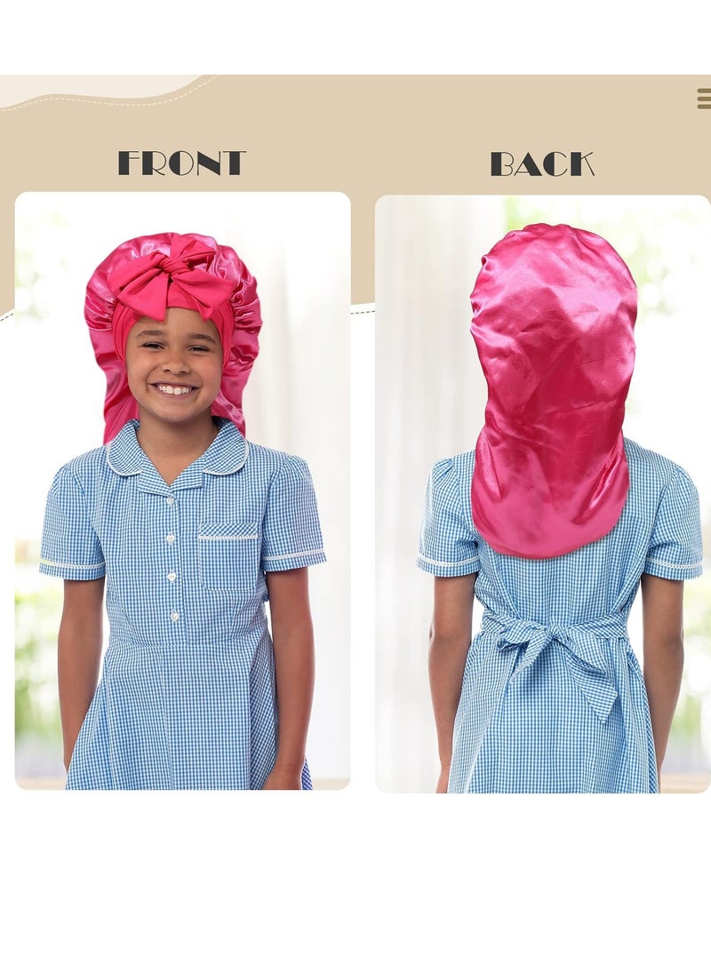 Kids Long Hair Bonnet for Sleeping - Double Layer Girls Elastic Satin Bonnet with Tie Band for Braid Curly Hair (Hot pink)