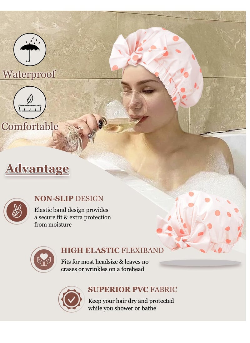 Shower Cap Luxury Shower Caps for Women Reusable Waterproof Hair Cap for Shower with Adjustable Bowknot Hair Bath Cap (Pink)