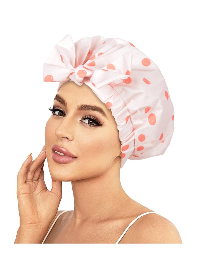 Shower Cap Luxury Shower Caps for Women Reusable Waterproof Hair Cap for Shower with Adjustable Bowknot Hair Bath Cap (Pink)