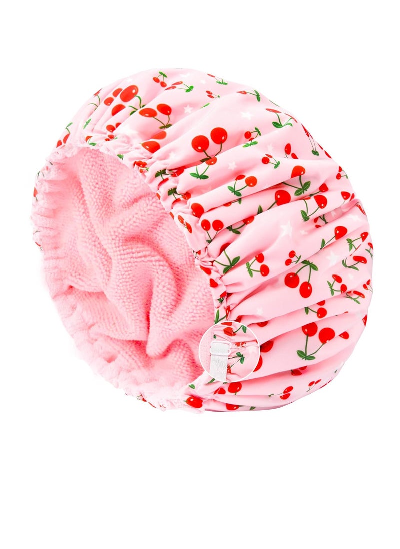 Shower Cap for Women Terry Lined Bath Cap Large Reusable Waterproof Elastic Band Pink Shower Caps for Long Thick Hair Soft Bath Shower Hair Caps