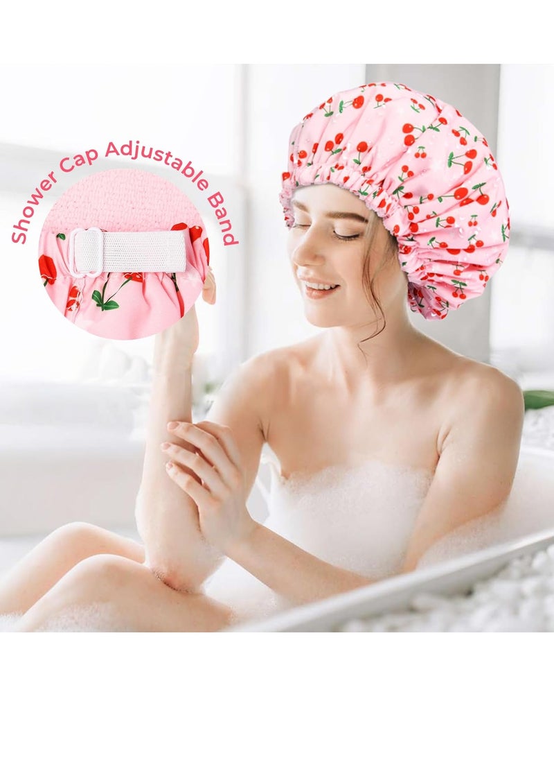 Shower Cap for Women Terry Lined Bath Cap Large Reusable Waterproof Elastic Band Pink Shower Caps for Long Thick Hair Soft Bath Shower Hair Caps