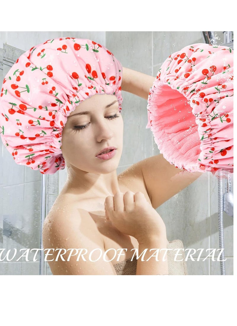 Shower Cap for Women Terry Lined Bath Cap Large Reusable Waterproof Elastic Band Pink Shower Caps for Long Thick Hair Soft Bath Shower Hair Caps