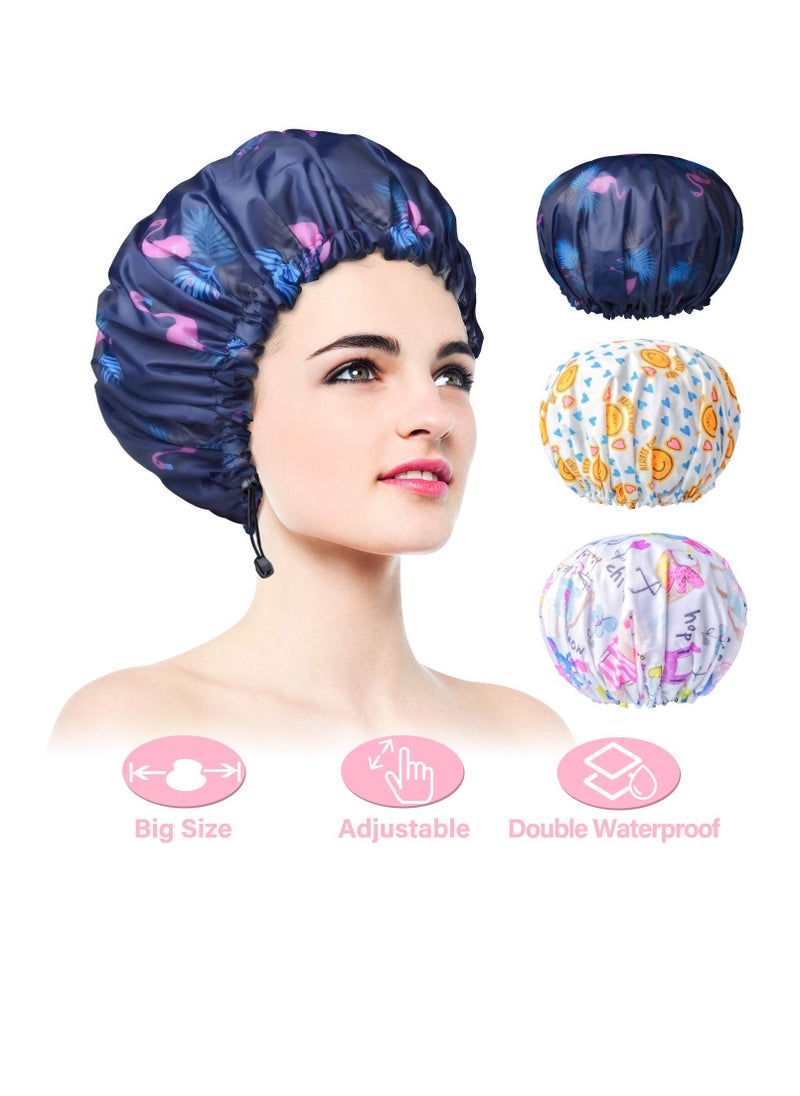 3 Pack Extra Large Double Layer Adjustable Shower Caps for Women, Waterproof Exterior & EVA Lining, Oversized Design for All Hair Lengths