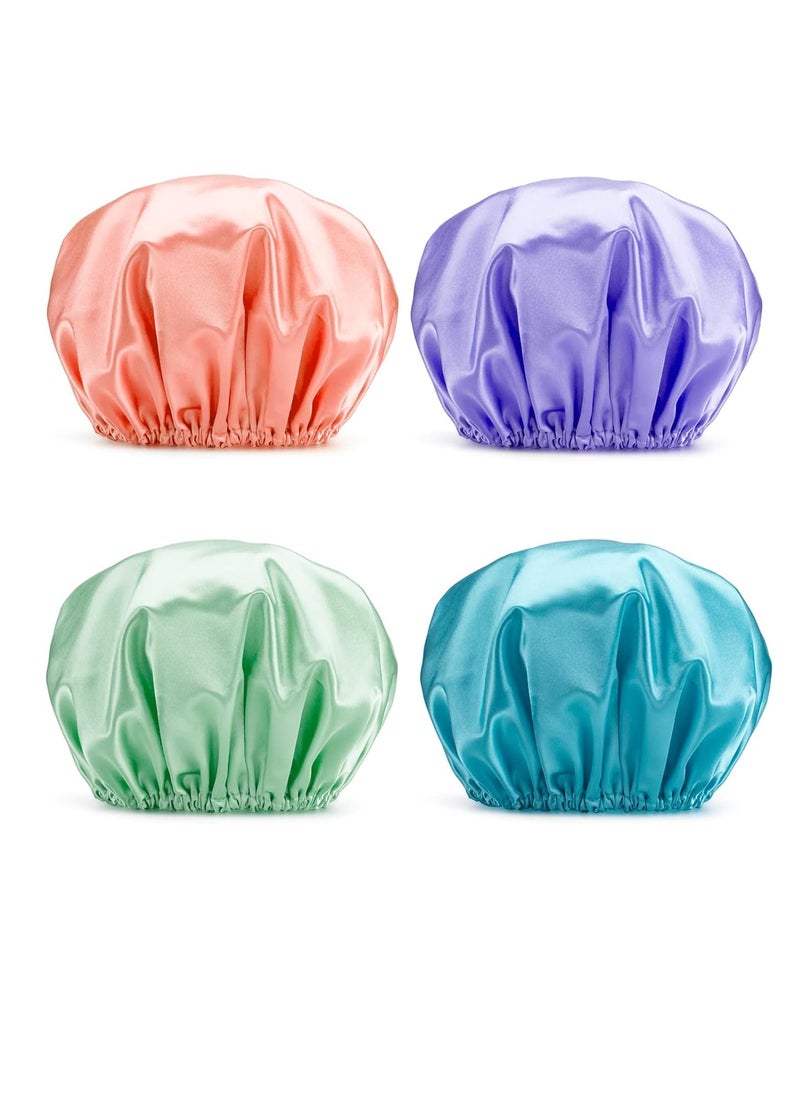 AmazerBath Shower Caps for Women, 4 PCS Waterproof Bath Caps, Elastic and Reusable Shower Hair Cap, Double Layers Hair Cap, Environmental Protection Bathing Hat