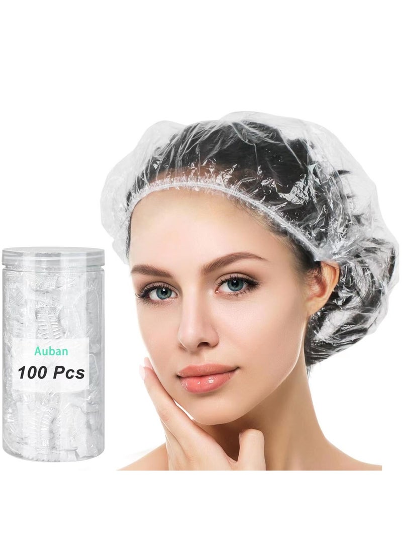 Auban Disposable Shower Cap, 100 PCS Hair Cap Thickening Clear Plastic Waterproof Bath Caps for Hair Treatment, Spa Salon Hotel and Home Use, Portable Travel(17.3)