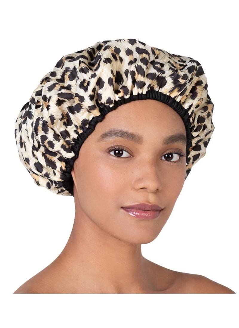 Reusable Nylon Shower Cap & Bath Cap, Reversible Oversized Waterproof Shower Caps Large Designed for all Hair Lengths w Terry Lining & Elastic Band Stretch Hem Hair Hat - Socialite Safari Spots