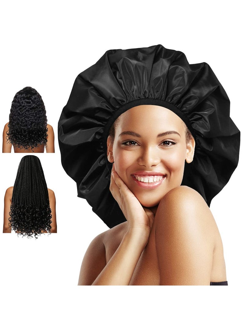 Auban Extra Large Shower Cap, Double-Layer Waterproof Reusable, XL Satin Lining Shower Bonnet for Women Thick, Long Hair, Locs, Braids(Black)