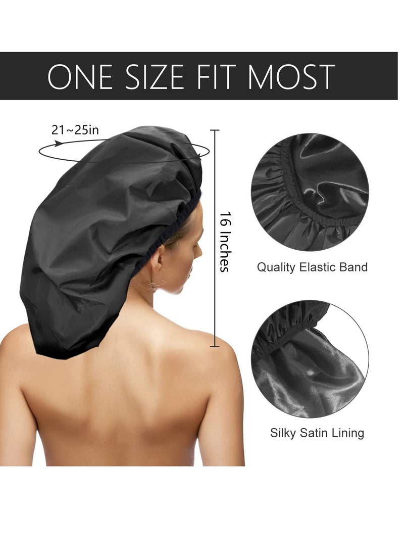 Auban Extra Large Shower Cap, Double-Layer Waterproof Reusable, XL Satin Lining Shower Bonnet for Women Thick, Long Hair, Locs, Braids(Black)