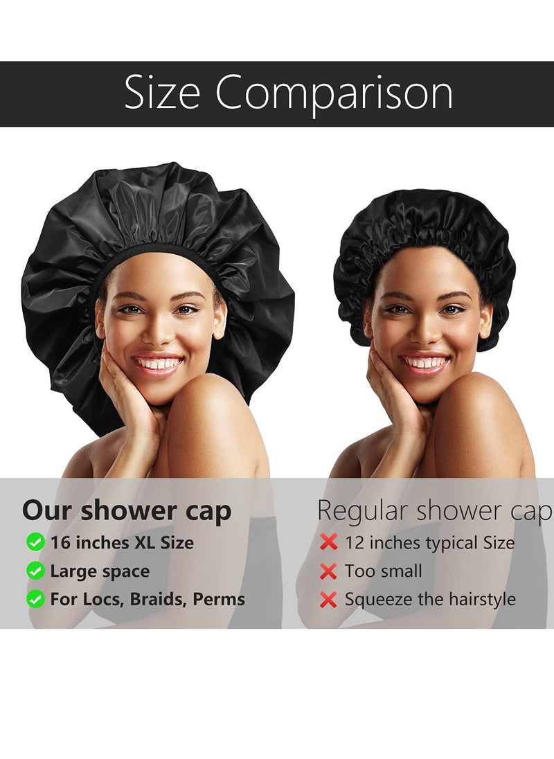 Auban Extra Large Shower Cap, Double-Layer Waterproof Reusable, XL Satin Lining Shower Bonnet for Women Thick, Long Hair, Locs, Braids(Black)