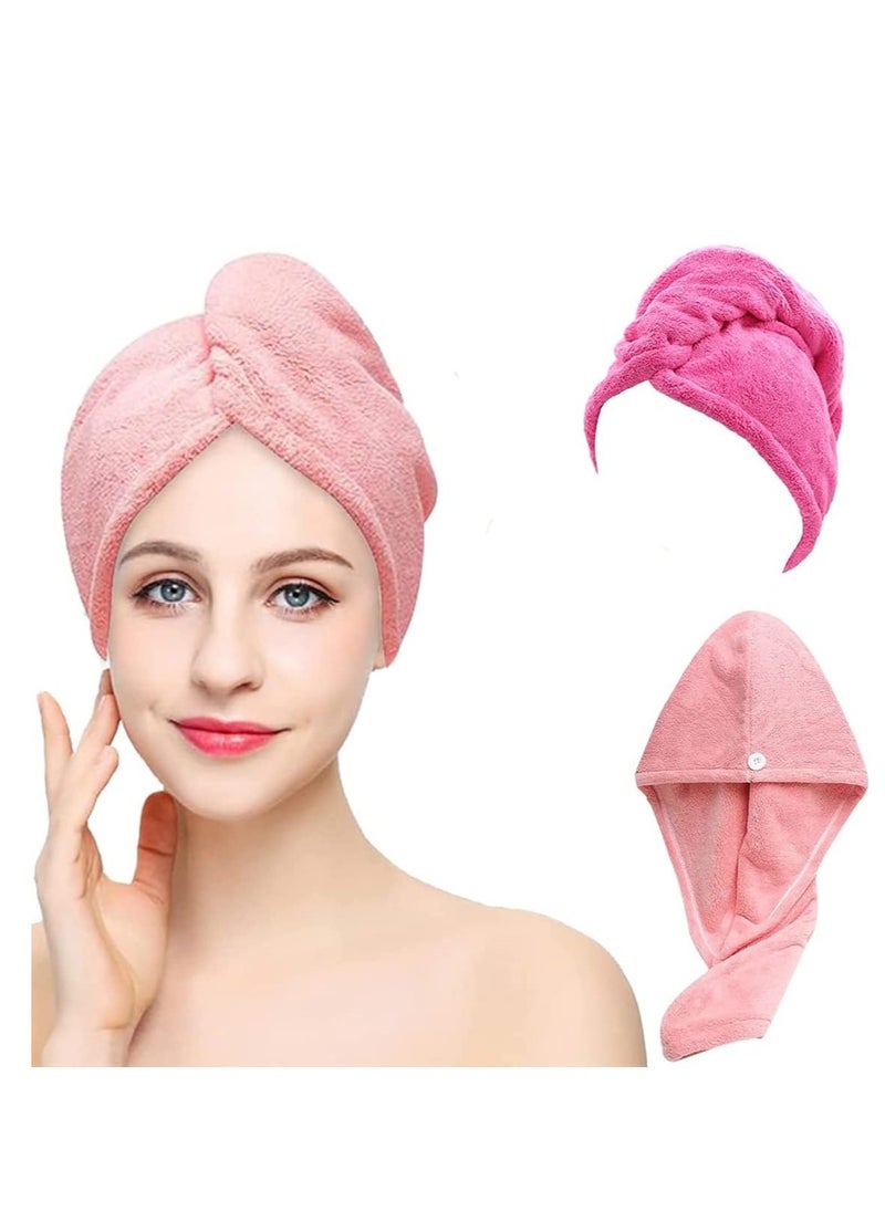 2 Pack Hair Drying Towels, Microfiber Dry Cap Absorbent Fast Turbans With Elastic Loop and Button, Hair Towel Wrap Quick Dry for Women's Wet Hair (Pink, Rose Red)