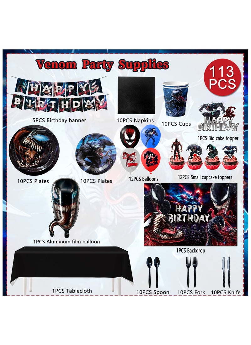 Venom Birthday Party Supplies Set,113pcs Venom Theme Decorations & Tableware Set,Include Birthday Banner，Napkins, Backdrop, Cupcake Toppers, Balloons ect, Child Party Favors for Boys Kids