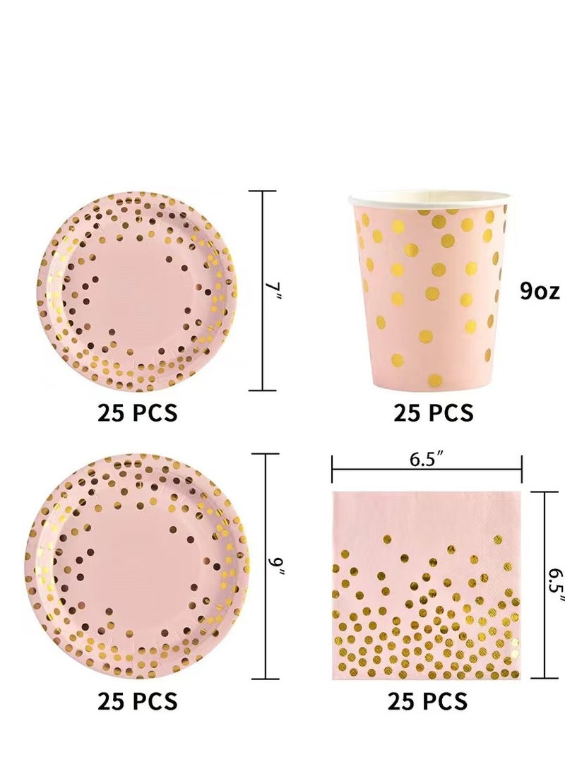 200Pcs Birthday Party Supplies Golden Dots Party Dinnerware Disposable Party Plates Napkins and Cups Sets Serves 25 Guests for Wedding Birthday Party (Pink)