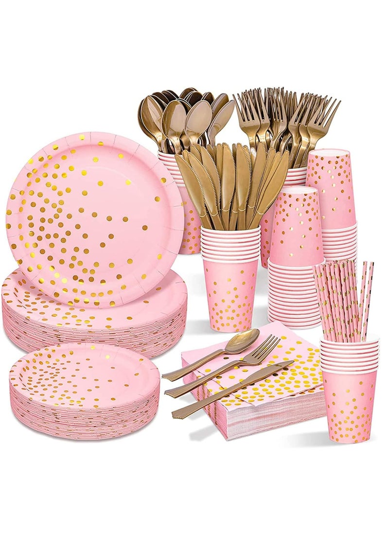 200Pcs Birthday Party Supplies Golden Dots Party Dinnerware Disposable Party Plates Napkins and Cups Sets Serves 25 Guests for Wedding Birthday Party (Pink)