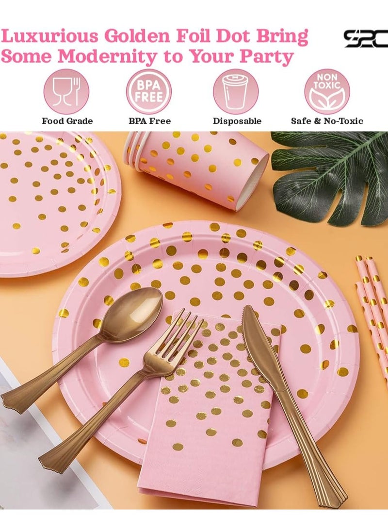 200Pcs Birthday Party Supplies Golden Dots Party Dinnerware Disposable Party Plates Napkins and Cups Sets Serves 25 Guests for Wedding Birthday Party (Pink)