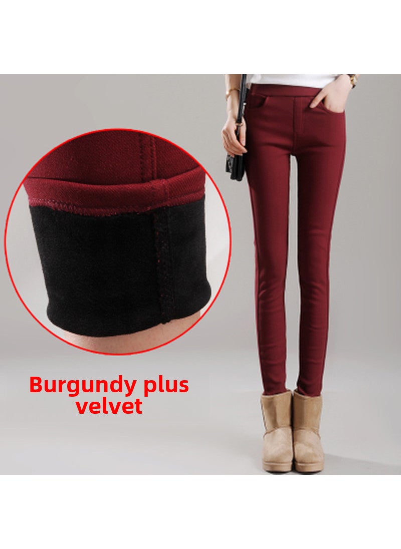 1 x 5 pcs Womens Winter Thick Fleece-Lined Leggings Wine Red [plus velvet]]