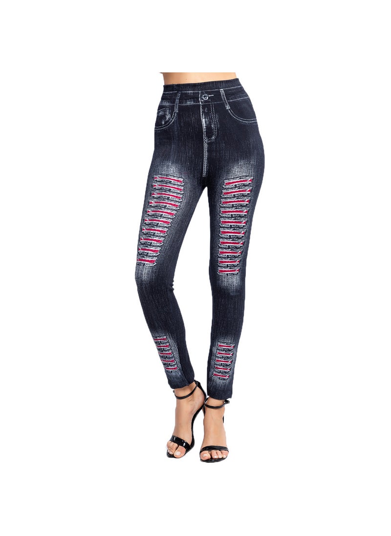 1 x 5 pcs Fashion Striped Print Denim-Style Leggings Black