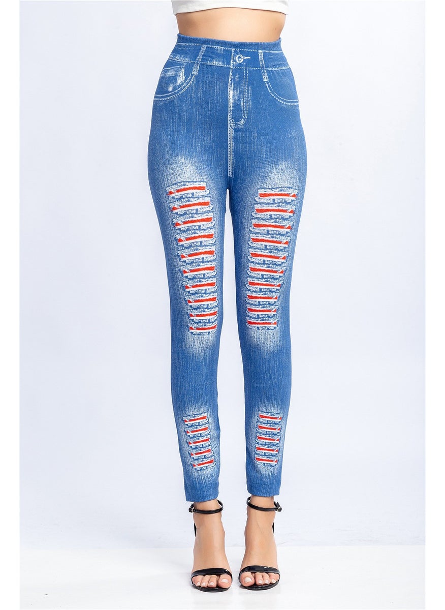 1 x 5 pcs Fashion Striped Print Denim-Style Leggings Light blue