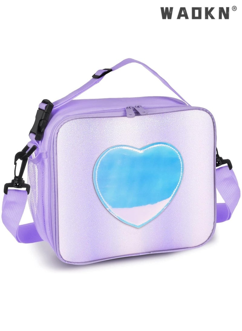 Children's Lunch Box, Rainbow Laser Tote Leakproof Insulated Lunch Bag Reusable Insulated Bento Bag Picnic Ice Bag Girls Simple Shoulder Bag for School and Outdoor Backpack (Purple)