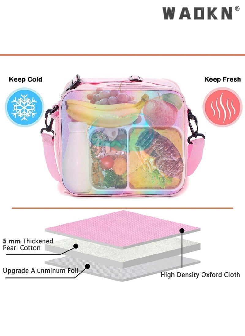 Children's Lunch Box, Rainbow Laser Tote Leakproof Insulated Lunch Bag Reusable Insulated Bento Bag Picnic Ice Bag Girls Simple Shoulder Bag for School and Outdoor Backpack (pink)