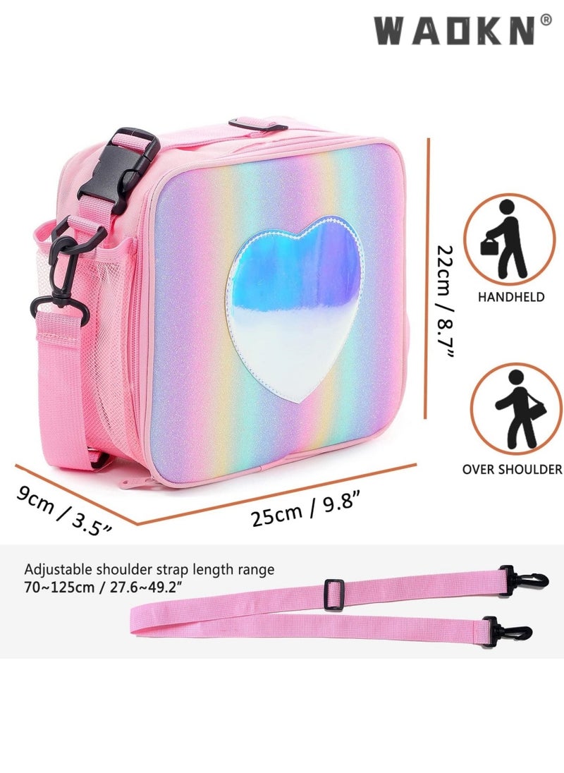 Children's Lunch Box, Rainbow Laser Tote Leakproof Insulated Lunch Bag Reusable Insulated Bento Bag Picnic Ice Bag Girls Simple Shoulder Bag for School and Outdoor Backpack (pink)