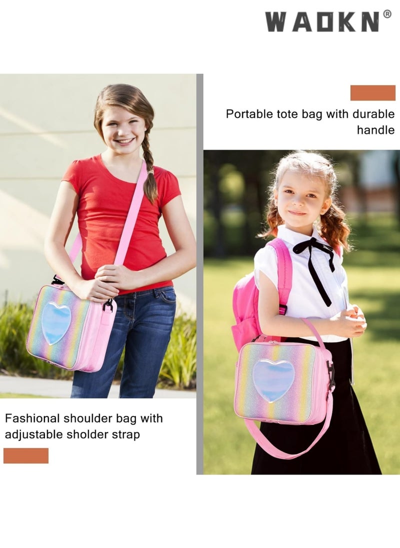 Children's Lunch Box, Rainbow Laser Tote Leakproof Insulated Lunch Bag Reusable Insulated Bento Bag Picnic Ice Bag Girls Simple Shoulder Bag for School and Outdoor Backpack (pink)