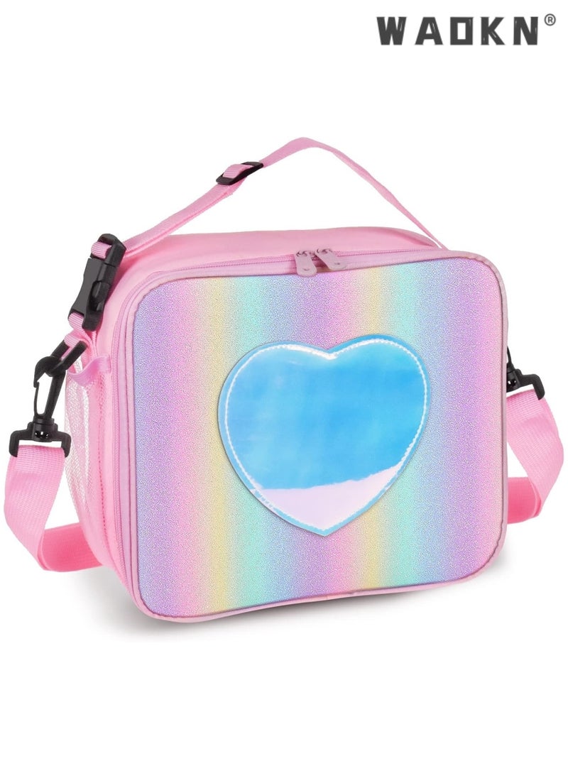 Children's Lunch Box, Rainbow Laser Tote Leakproof Insulated Lunch Bag Reusable Insulated Bento Bag Picnic Ice Bag Girls Simple Shoulder Bag for School and Outdoor Backpack (pink)