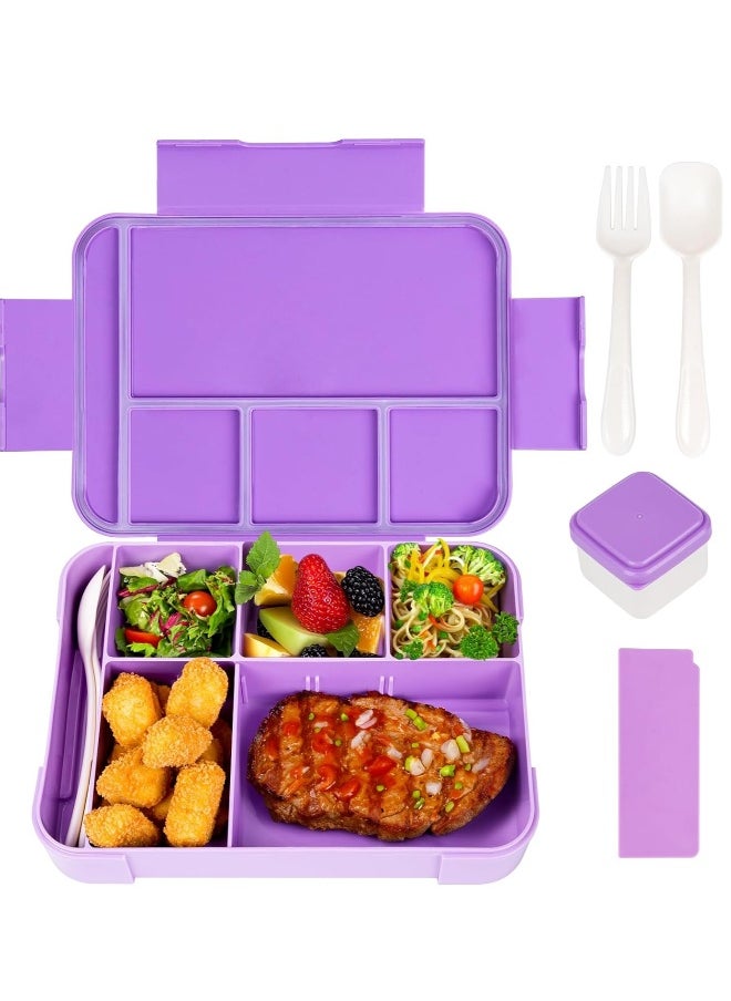 Lunch Box for Kids, 1330ML Bento Box Adult Lunch Box with 6 Compartment, Leakproof Snack Boxes with Utensil Sauce Dressing Containers, Reusable On-the-Go Meal and Snack Packing(Purple)